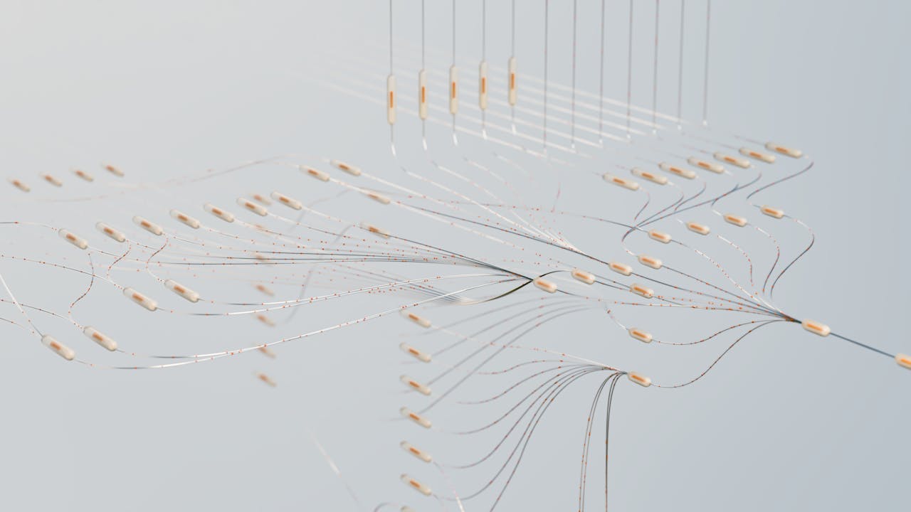 ours-journey Elegant 3D visualization of neural networks showcasing abstract connections in a digital space.